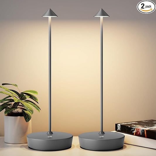 2Pack Rechargeable Cordless Table Lamp, Portable Powered LED Battery 6000mAh Metal USB Desk Lamp, 3 Levels Brightness Light for Restaurants Outdoor (2pack Gray)