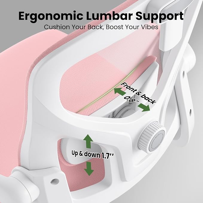 Soohow Office Chair, Ergonomic Office Mesh Desk Chair with Adjustable Back Support, High Back Comfy Computer Swivel Chair with Headrest, Lumbar Support for Study Room, Gaming and Office, White & Pink