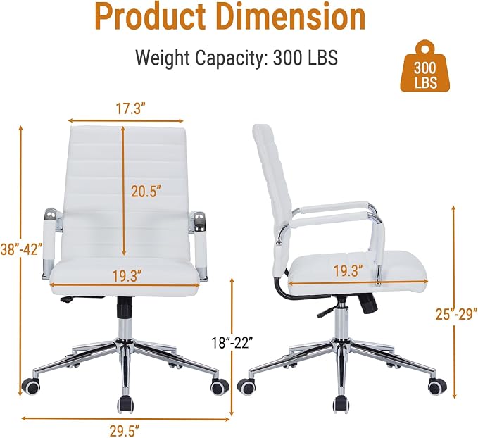 Sidanli Ergonomic Desk Chairs, Executive Swivel Leather Mid Back Chair with Smooth Rolling Wheels for Office, Conference Room White
