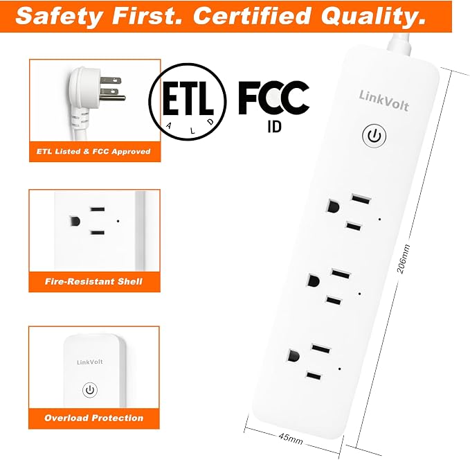 LINKVOLT Smart Power Strip WiFi Surge Protector Alexa Google Home Voice Control Outlet Extender for Home Office 3AC 15A 1875W 2.4GHz Voice Control