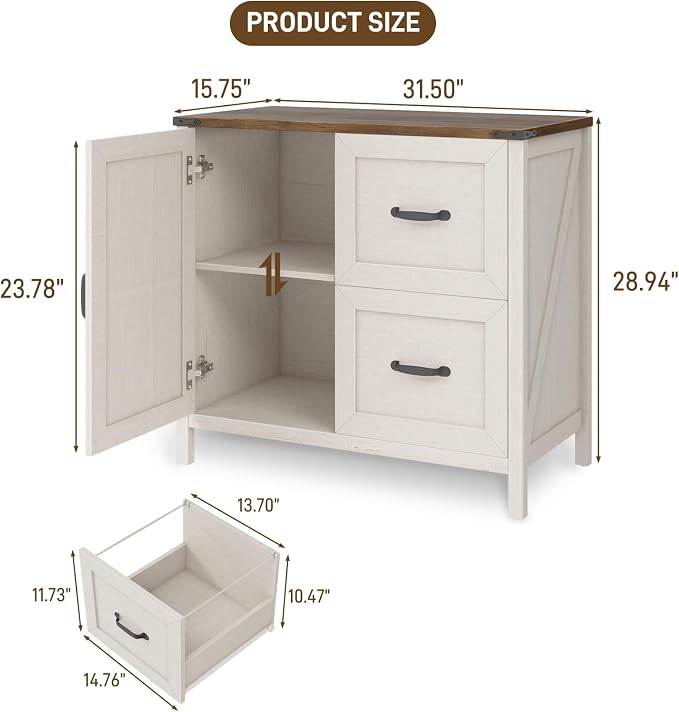 Halitaa Lateral File Cabinet with 2 Drawers, Farmhouse File Cabinet for Letter/A4 Size Hanging Files, Large Wood File Storage Cabinets Printer Stand for Home Office Furniture, Rustic White