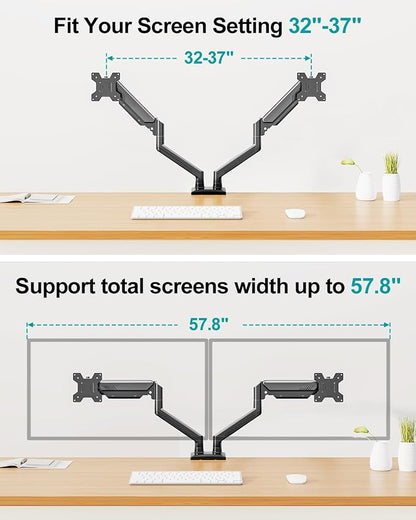 Dual Monitor Arm Desk Mount Fits 13 to 32 inch Computer Screens, Holds 4.4 to 22lbs Display VESA Mount, Adjustable Double Monitor Stand with Clamp/Grommet Base, 75/100mm Bracket, Black, Freelift