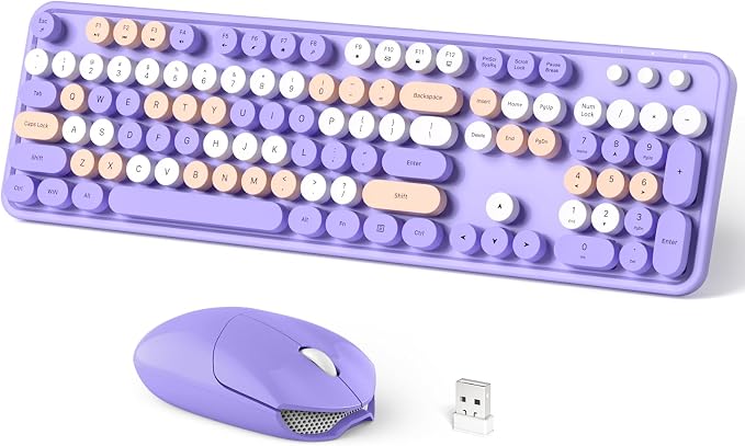 Dilter Wireless Keyboard and Mouse Combo, 104 Keys Full-Sized Typewriter Keyboards, 2.4 GHz USB Receiver Plug and Play, for Windows, PC, Laptop, Desktop (Purple Colorful)