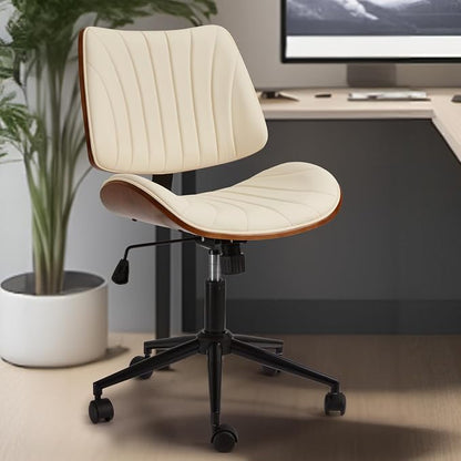 EROMMY Armless Office Desk Chair,Wooden Back Small Office Desk Chair No Arms Adjustable Height Modern Armless Chairs with Swivel Wheels for Small Spaces, Beige