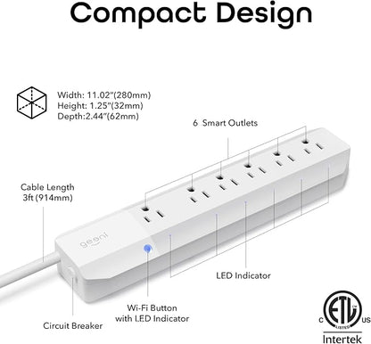 Geeni Smart Surge Protector Power Strip with 6 Wi-Fi Controlled Outlets, Real-Time Energy Monitoring, 3ft Extension Cord, App Control, Compatible with Alexa & Google Assistant, Smart Power Strip
