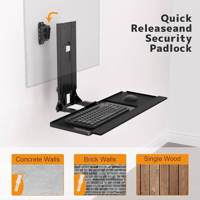 Monitor and Keyboard Wall Mount with CPU Holder for 32" Monitors (55 lbs Max), Keyboard Tray (4.4 lbs Load) & CPU Holder (22 lbs Capacity) - Height Adjustable, with Mouse Pad, VESA75/100