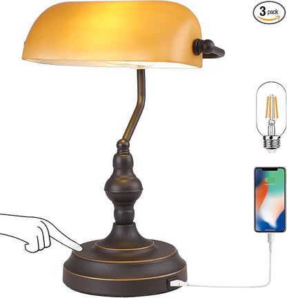 Banker Desk Lamp Touch Control, Vintage Banker's Desk Lamp with USB-A Port, 3 Way Dimmable Desk Lamps, Farmhouse Library Lamp Oil Rubbed Bronze for Office, Study Room