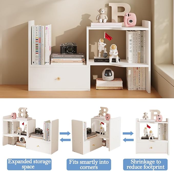 Expandable Wood Desktop Bookshelf, Freestyle Adjustable Wood Display Desk Shelf Counter Storage Rack Top Bookcase for Office & Home (White)