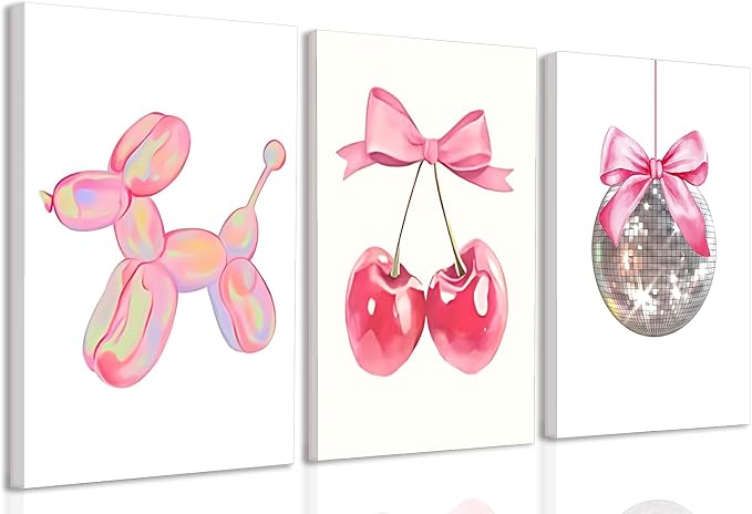 Trendy Pink Bows Canvas Wall Art Set of 3, Vintage Preppy Cherry Disco Ball Posters Wall Decor, Pink Girly Room Aesthetic Painting Prints for College Apartment Living Room Bedroom 16x24 In Framed
