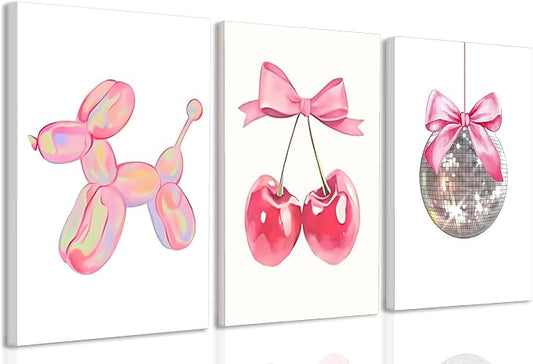 Trendy Pink Bows Canvas Wall Art Set of 3, Vintage Preppy Cherry Disco Ball Posters Wall Decor, Pink Girly Room Aesthetic Painting Prints for College Apartment Living Room Bedroom 16x24 In Framed