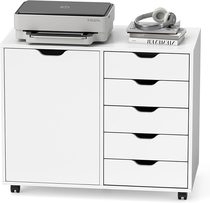Lateral File Cabinet, 5 Drawers Chest & 1 Side Cabinet, Rolling Storage Cabinet for Home Office, Versatile Filing Cabinet with Wheels, Mobile Printer Stand, Dresser for Bedroom, White