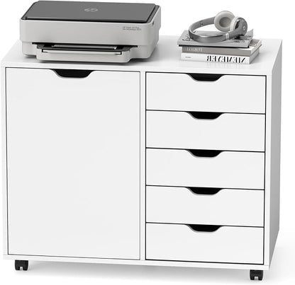 Lateral File Cabinet, 5 Drawers Chest & 1 Side Cabinet, Rolling Storage Cabinet for Home Office, Versatile Filing Cabinet with Wheels, Mobile Printer Stand, Dresser for Bedroom, White