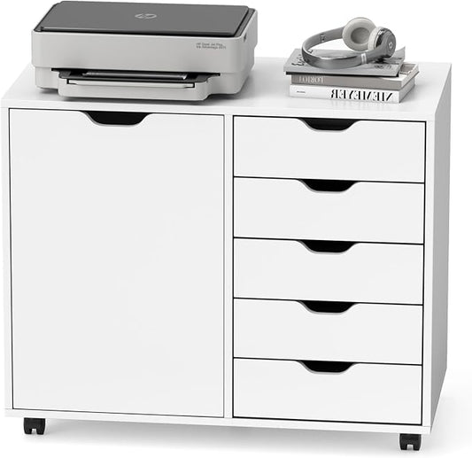 Lateral File Cabinet, 5 Drawers Chest & 1 Side Cabinet, Rolling Storage Cabinet for Home Office, Versatile Filing Cabinet with Wheels, Mobile Printer Stand, Dresser for Bedroom, White