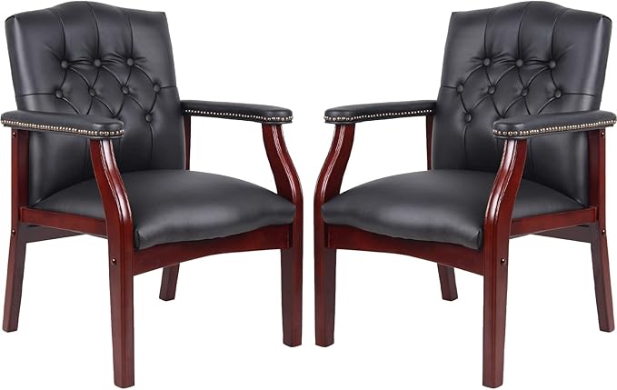 Black Leather Office Chairs Set of 2 -Ergonomic Executive Guest Chairs for Reception, Multi-Scene Use (Waiting Room, Meeting, Conference, Lobby, Conference, Church) High Back No Wheels with Arm Design