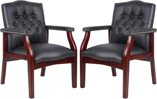 Black Leather Office Chairs Set of 2 -Ergonomic Executive Guest Chairs for Reception, Multi-Scene Use (Waiting Room, Meeting, Conference, Lobby, Conference, Church) High Back No Wheels with Arm Design