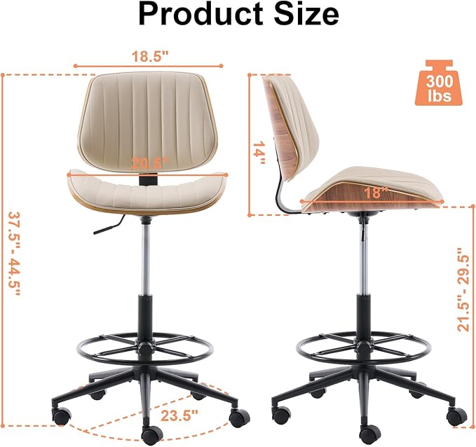 Drafting Chair, Ergonomic Office Chair with Walnut Wood Back Support, Armless PU Leather Desk Chair with Height-Adjustable, Thick Cushion for Home, Bar, Drafting, Office (Beige)