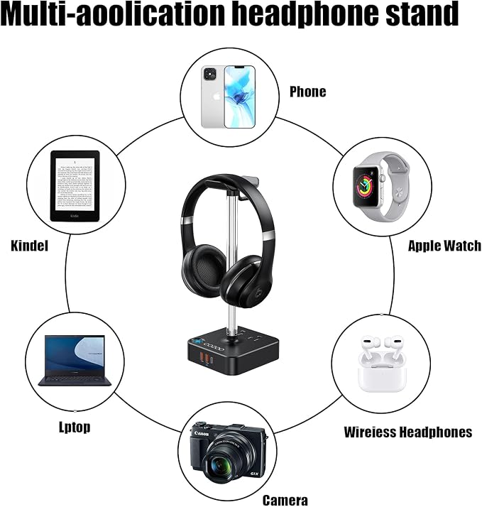 RGB Headphone Stand with USB Charger COZOO Desktop Gaming Headset Holder Hanger with 3 USB Charger and 2 Outlets - Great for Gaming, DJ, Wireless Earphone Display,Gamer PC Accessories Boyfriend Gifts