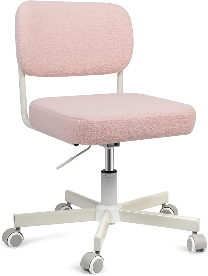 Vanity Chair with Wheels, Cute Armless Desk Chair with Back, Height Adjustable Swivel Small Office Chair, Comfy Velvet Computer Task Chair for Bedroom, Study, Dressing Room Pink