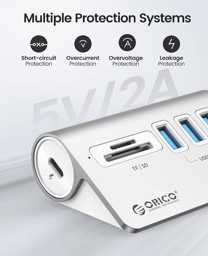 ORICO 5-Port USB 3.2 Gen1 Hub, Desktop USB 3.0Hub with 3 USB-A, SD/TF Card Reader, 5V 2A Power Supply Port, 5Gbps Aluminium USB-Splitter with 1.64Ft USB-C to USB-A/C Cable for iMac, MacBooks, Mac mini