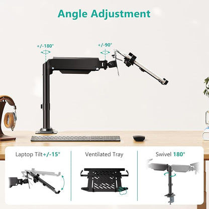 WALI Laptop Desk Mount for 15.6 inch Notebook, Fully Adjustable Single Monitor Arm with Laptop Holder for 32 inch Screen, Laptops Stand with Ventilated Tray, Up to 22 Lbs, (GSDM00LP), Black