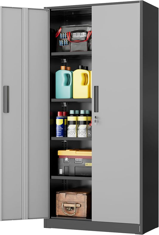 INTERGREAT Storage Cabinet with Doors and Shelves, Metal Garage Storage Cabinets with Lock, Lockable Steel Supply Cabinet for Home Office, Warehouse (Black Grey)