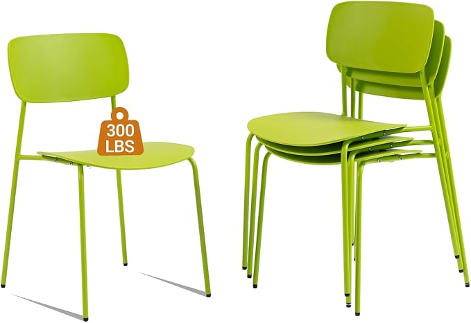 Sidanli Stackable Chairs Set of 4, Metal Waiting Room Chairs with Plastic Seat, Capacity 300lbs, Stacking Chairs for Office Conference Break Room Lobby, Green
