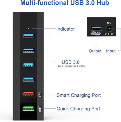 Powered USB 3.0 Hub, RAOYI 6 Ports High Speed USB 3.0 Hub Splitter with 24W Power Adapter, 3.3ft Cable and Smart Fast Charger USB Hub for Laptop, PC, Mac, Mobile HDD, Mulitple Devices (Black)
