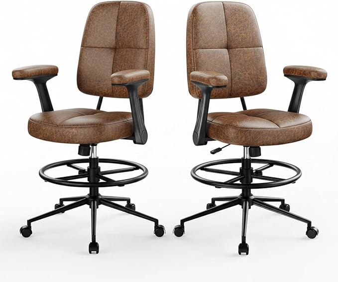 Marsail Drafting Chair with Flip-Up Armrests and Footrest, Ergonomic Tall Office Chair, Height Adjustable High Chair, Brown Leather Seat with Thick Cushion, 360° Swivel, Pack of 2