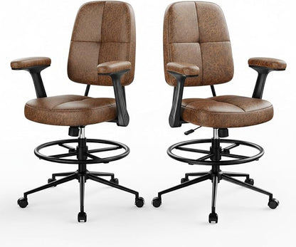 Marsail Drafting Chair with Flip-Up Armrests and Footrest, Ergonomic Tall Office Chair, Height Adjustable High Chair, Brown Leather Seat with Thick Cushion, 360° Swivel, Pack of 2