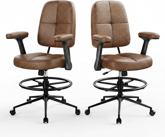 Marsail Drafting Chair with Flip-Up Armrests and Footrest, Ergonomic Tall Office Chair, Height Adjustable High Chair, Brown Leather Seat with Thick Cushion, 360° Swivel, Pack of 2