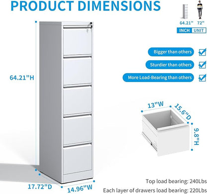Metal File Cabinet 5 Drawers, Vertical Filing Cabinet for Home Office, File Cabinets with Lock for Legal/Letter Size Hanging File Folders, (White)