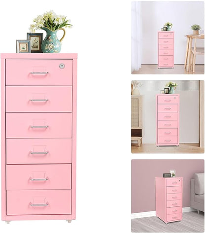 6 Drawer Vertical File Cabinet with Lock, Metal Movable Office Storage Cabinet, Under-Desk File Cabinet with Wheels, for Home Office Use (Pink)