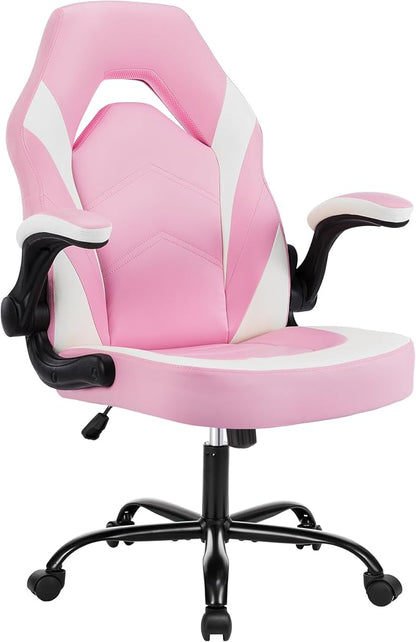 OLIXIS Computer Gaming Desk Chair - Big and Tall Ergonomic Lumbar Support with Flip-up Armrest and 360° Swivel Wheels, PU Leather Height Adjustable, for Home and Office, Pink and White