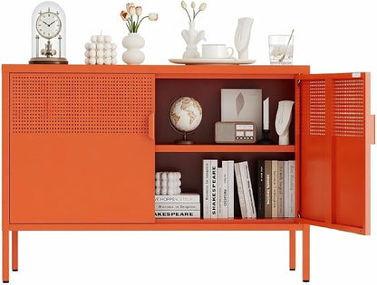 Orange Metal Storage Cabinet,2 Door TV Stand, Metal Mesh Accent Cabinet,Magnetic Door Closure,Low Storage Cabinets with Doors and Shelf for Home,Office,Living Room
