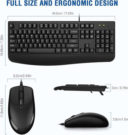 Wired Keyboard and Mouse Combo, EDJO Full-Sized Ergonomic Computer Keyboard with Palm Rest and Optical Wired Mouse for Windows, Mac OS Desktop/Laptop/PC (2 Pack)