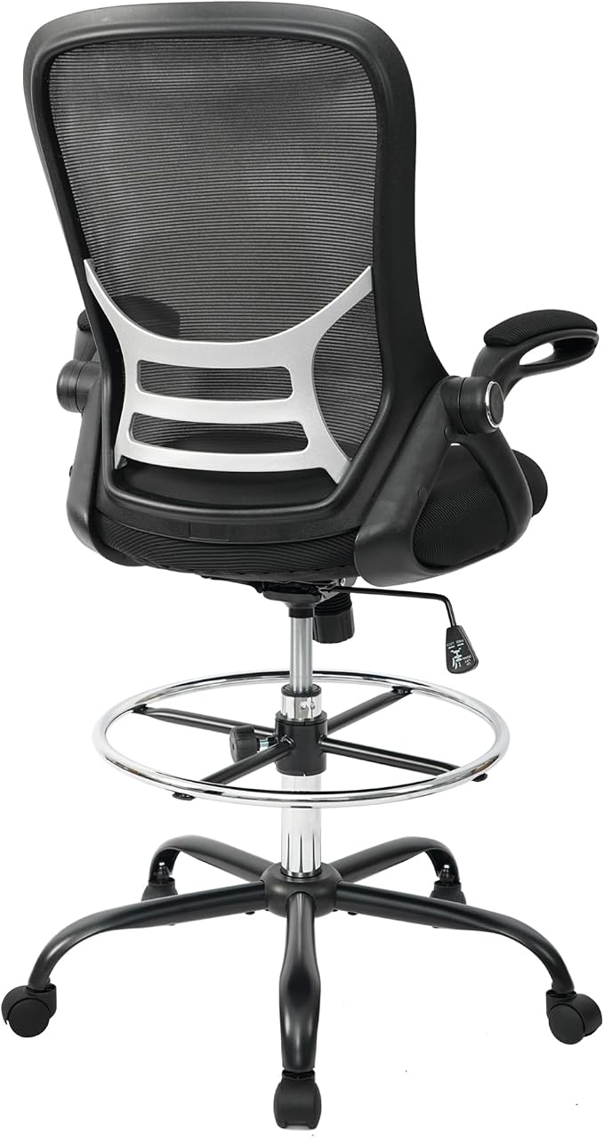 HYLONE Drafting Chair Tall Office Chair High-Back Mesh Standing Desk Stool with Adjustable Footrest Ring and Flip-Up Arms Black