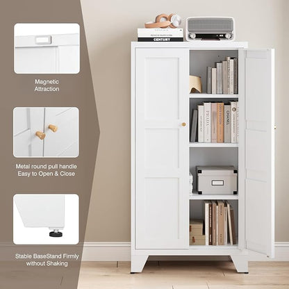 Yizosh Metal Storage Cabinet with Doors and 3 Adjustable Shelves - 47" White Kitchen Pantry Storage Cabinet Locker for Kitchen,Living Room,Dining Room