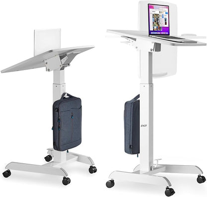 AVLT 47" Height Adjustable Mobile Workstation with Tilting Desk - White | 3 ft 11 inches - Foot Pedal Pneumatic Standing Desk Cart - Mobile Laptop Cart - Mobile Cart with Brake Casters