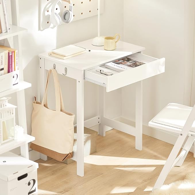 Haotian Small Desk with Drawers, Mini Writing Table, Vanity Table Computer Workstation Children Teenagers Desk with Hooks, White FWT43-W