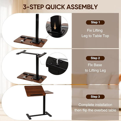 Adjustable Overbed Table with Tilt Board & Wheels, Rolling Bedside Laptop Desk for Hospital Bed Home Office, Height Adjustable Bed Table Tray for Eating Working Reading, 26.18”-42.12”（Brown）