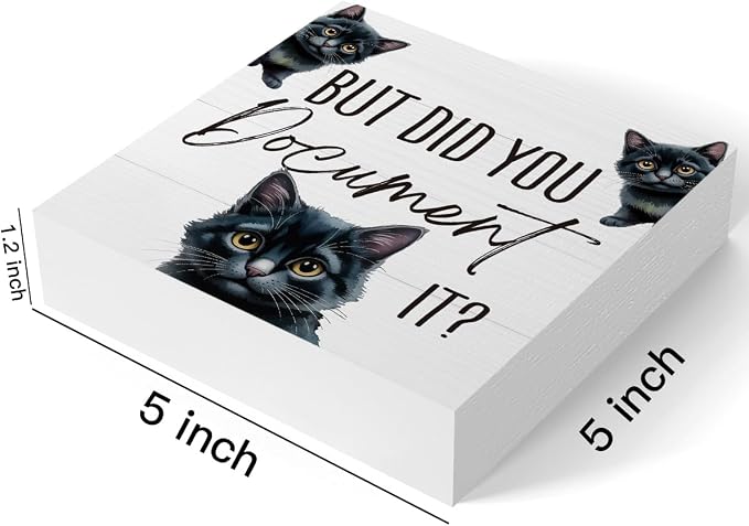 mmiishe But Did You Document It Funny Cat Office Decor for Black Cat Lover | Black Cat Gifts for HR Colleague Friend Women Men Cute Desk Decor Wooden Box Sign for Home Office Desk Boss Gift 5 x 5 Inches