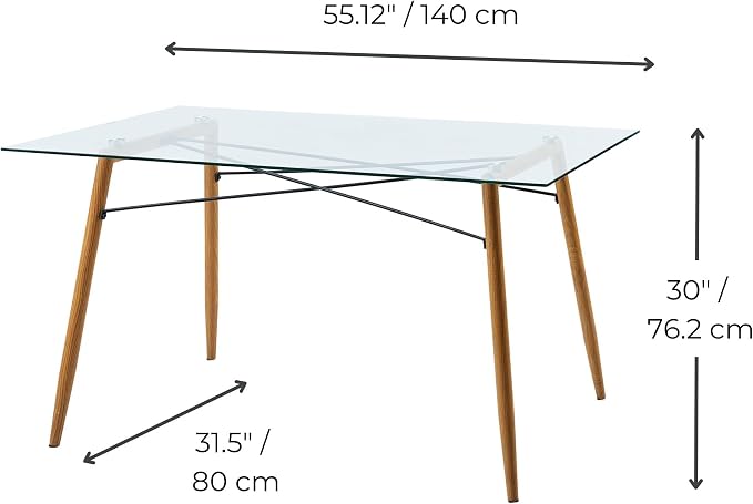Teamson Home Minimalista Modern Glass Top Dining Table with Metal Legs for Kitchen Living Room Study Home Office, 30 inch Height, Glass/Wood