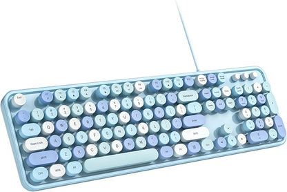 MOWUX Computer Keyboard Wired, Plug and Play USB Retro Round Typewriter Keyboard, Full Size Wired Keyboard with Foldable Stands for Laptop and Office PC- Blue Colorful