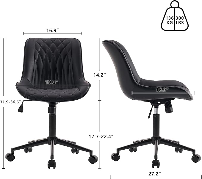 YOUNIKE Black Faux Leather Office Chair Armless Comfy Desk Chair with Rocking Back Cute Swivel Vanity Chair with Wheels Height Adjustable Small Computer Task Chair for Sewing Drafting Ergonomic