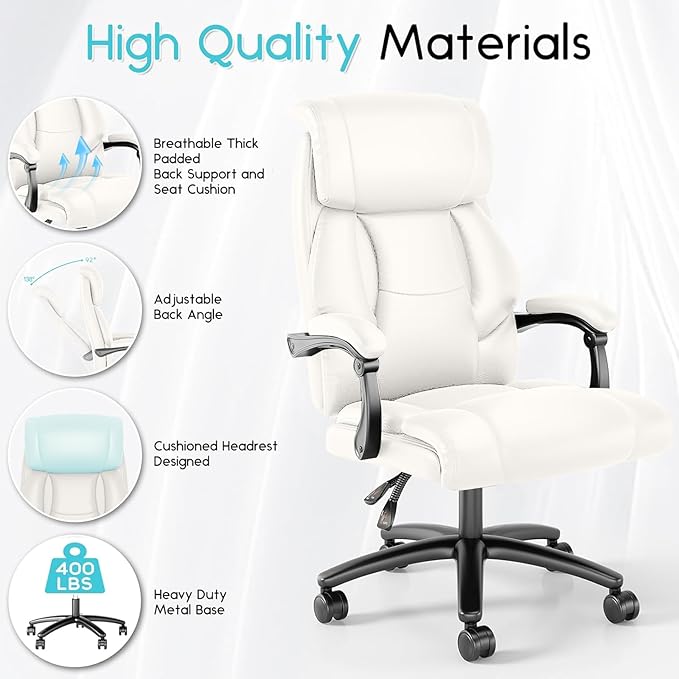 Ollega Big and Tall Reclining Executive Office Chair, 400lbs Leather, White | Breathable waterproof desk chair for home office; 92°-138° recline for back pain relief; wide seat for cross-legged sitting