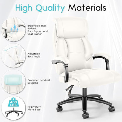 Ollega Big and Tall Reclining Executive Office Chair, 400lbs Leather, White | Breathable waterproof desk chair for home office; 92°-138° recline for back pain relief; wide seat for cross-legged sitting