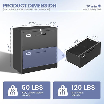 Metal Lateral 2 Drawer File Cabinet with Lock, Wide Filing Cabinet for Letter/Legal/F4/A4 Hanging Files, Storage Cabinet for Home Office School, Black