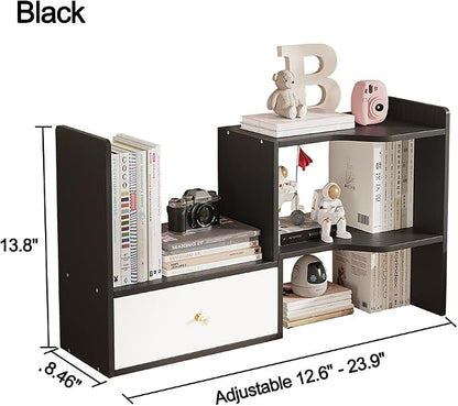Expandable Wood Desktop Bookshelf, Freestyle Adjustable Wood Display Desk Shelf Counter Storage Rack Top Bookcase for Office & Home (Black)