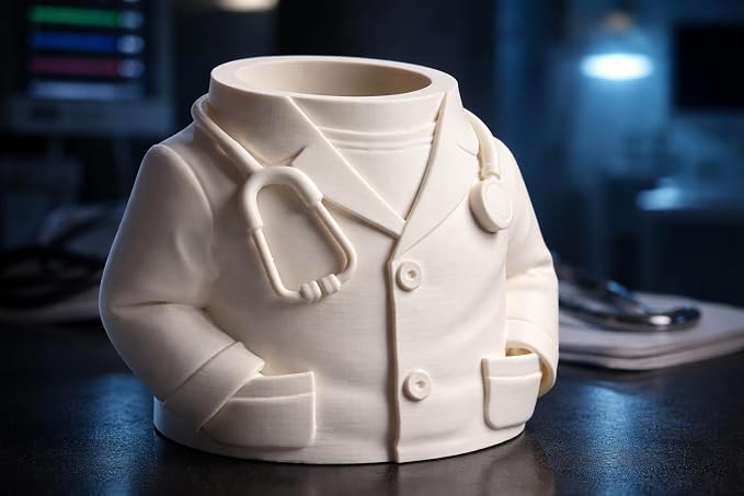 3D Printed Doctor Coat Pen Holder - Realistic Medical Desk Organizer with Stethoscope, White Doctor Sculpture Pen Cup for Office, Nurse, Medical Student Gift 5.9" x 3.5" x 4.3" (Male Doctor Style)