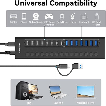 Powered USB 3.2 Hub, ACASIS 16 Ports USB 3.2 Hub(8 USB-A 3.2 Ports+8 USB-C 3.2 Ports), Aluminum USB Hub Powered with 96W Power Adapter, USB Hub for PC/Laptop, Computer, Flash Drive, Printer, Camera
